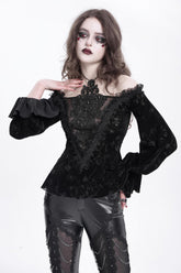 Blouse gothique noire à épaules dénudées avec broderie ajourée pour femme